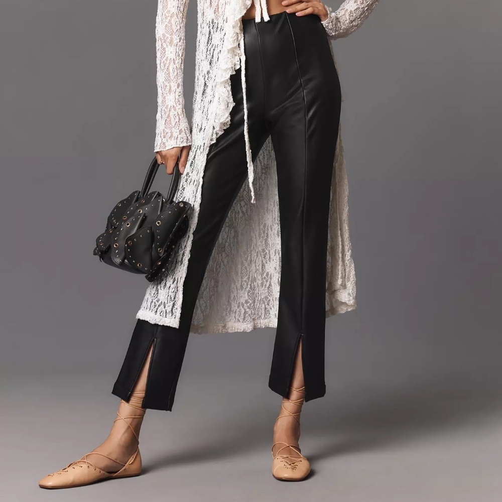 Maeve x Anthropologie Split-Front Faux Leather Pants Black Slim Ankle, XS NWT
